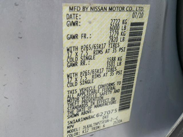 5N1AR1NN8AC627075 - 2010 NISSAN PATHFINDER SILVER photo 10