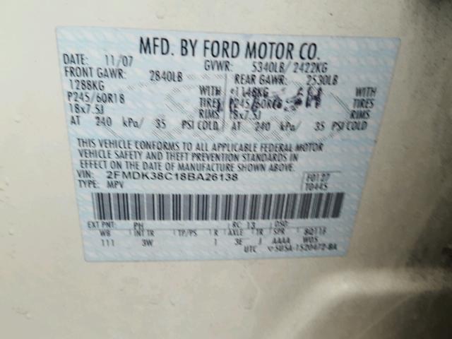 2FMDK38C18BA26138 - 2008 FORD EDGE SEL CREAM photo 10