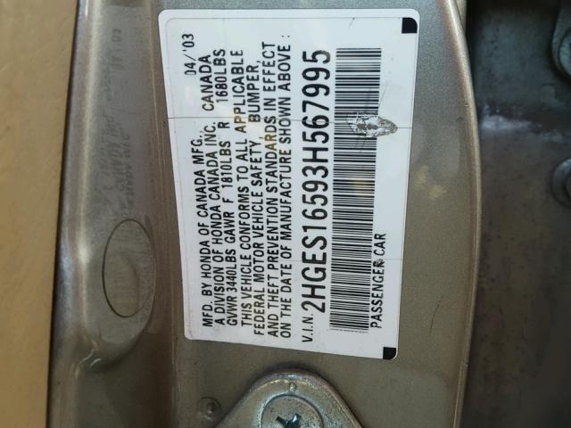 2HGES16593H567995 - 2003 HONDA CIVIC LX GOLD photo 10