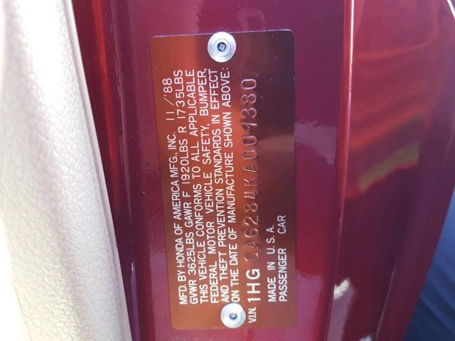 1HGCA6284KA009380 - 1989 HONDA ACCORD LXI RED photo 10