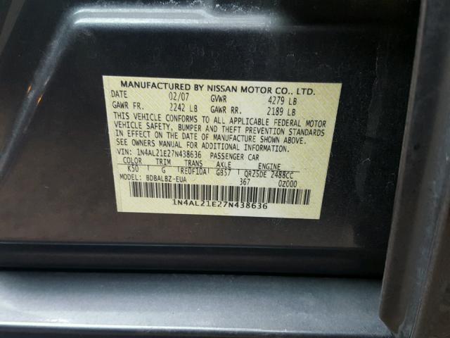 1N4AL21E27N438636 - 2007 NISSAN ALTIMA 2.5 CHARCOAL photo 10