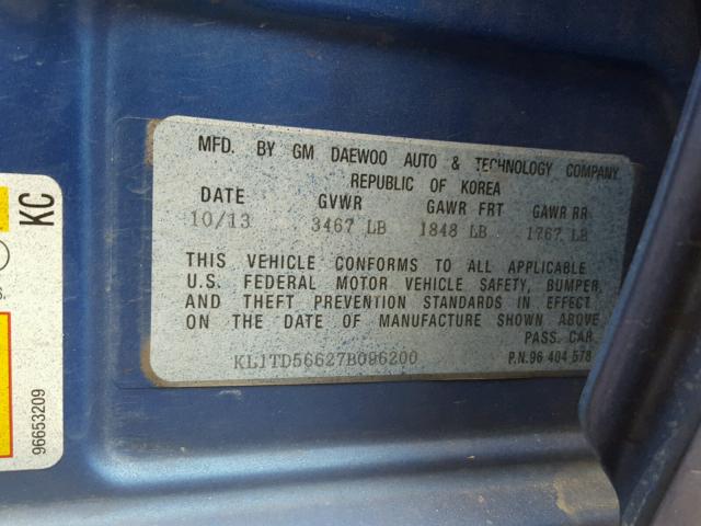 KL1TD56627B096200 - 2007 CHEVROLET AVEO BASE BLUE photo 10