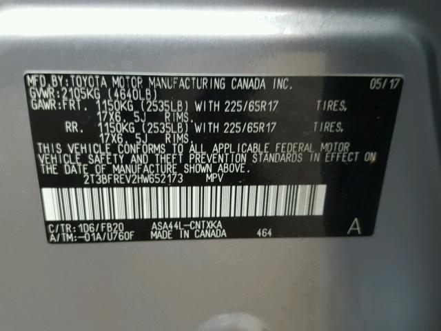 2T3BFREV2HW652173 - 2017 TOYOTA RAV4 LE SILVER photo 10