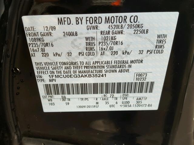 1FMCU0EG3AKB35241 - 2010 FORD ESCAPE LIM BLACK photo 10