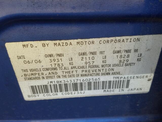 JM1BK343371602565 - 2007 MAZDA 3 HATCHBAC BLUE photo 10