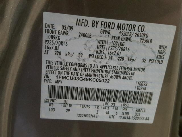 1FMCU03G49KC05022 - 2009 FORD ESCAPE XLT GRAY photo 10