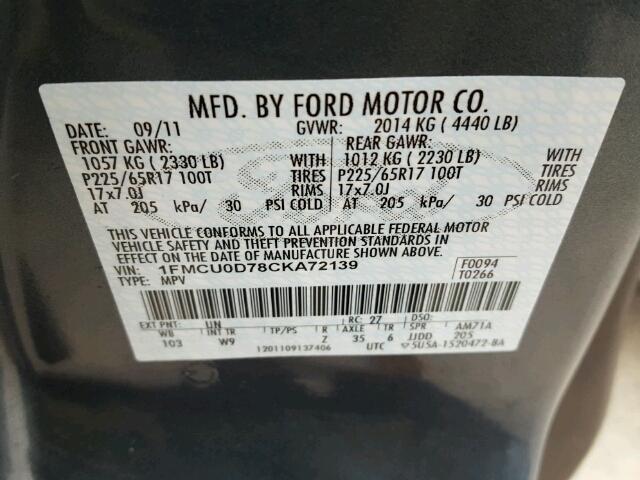 1FMCU0D78CKA72139 - 2012 FORD ESCAPE XLT BLUE photo 10