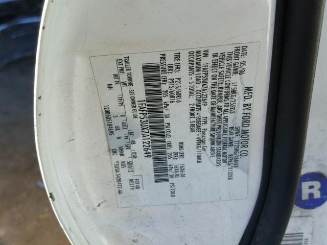 1FAFP53UX7A122649 - 2007 FORD TAURUS SE WHITE photo 10