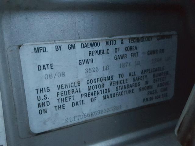 KL1TD56E69B333281 - 2009 CHEVROLET AVEO LS SILVER photo 10