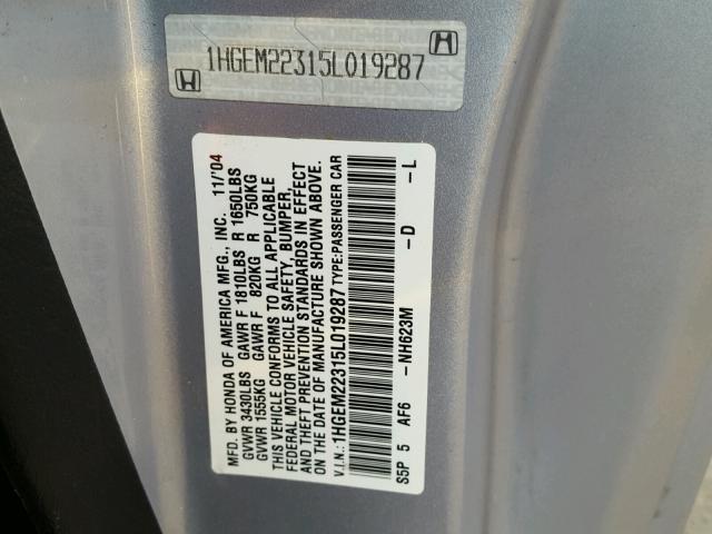 1HGEM22315L019287 - 2005 HONDA CIVIC DX V SILVER photo 10