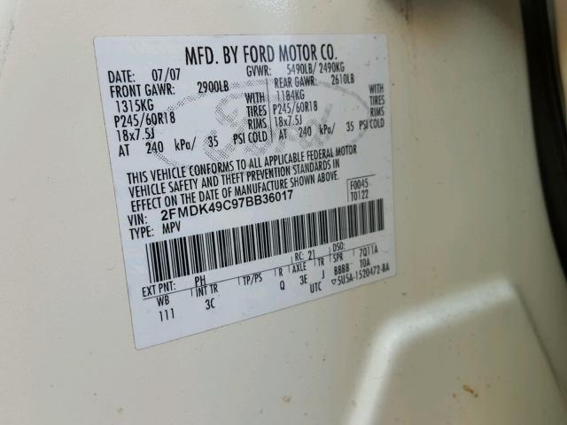 2FMDK49C97BB36017 - 2007 FORD EDGE SEL P CREAM photo 10