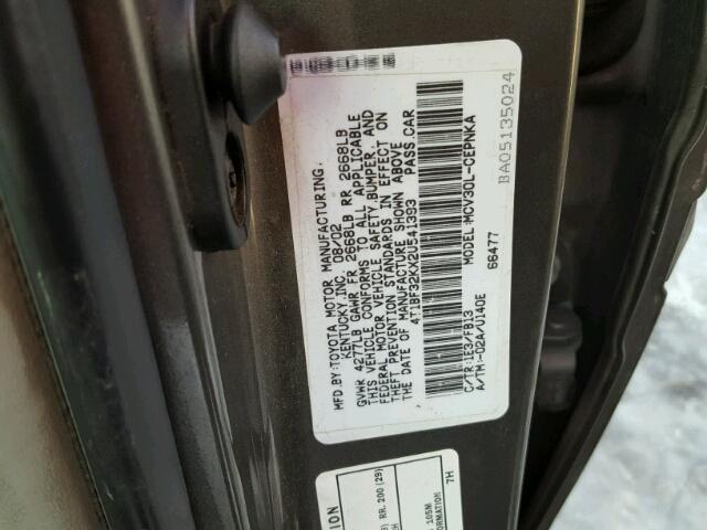 4T1BF32KX2U541393 - 2002 TOYOTA CAMRY LE ნაცრისფერი ფოტო 10