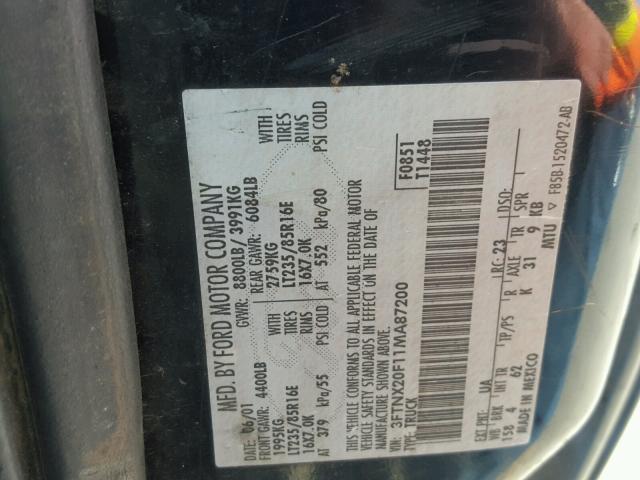 3FTNX20F11MA87200 - 2001 FORD F250 SUPER BLACK photo 10