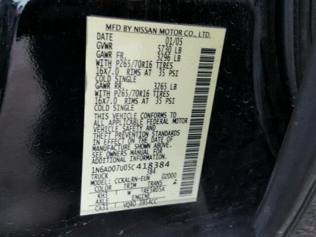 1N6AD07U05C418384 - 2005 NISSAN FRONTIER C BLACK photo 10