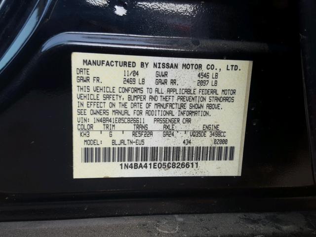 1N4BA41E05C826611 - 2005 NISSAN MAXIMA SE BLACK photo 10