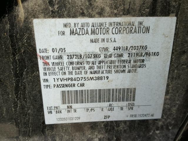 1YVHP84D755M38819 - 2005 MAZDA 6 S BLACK photo 10