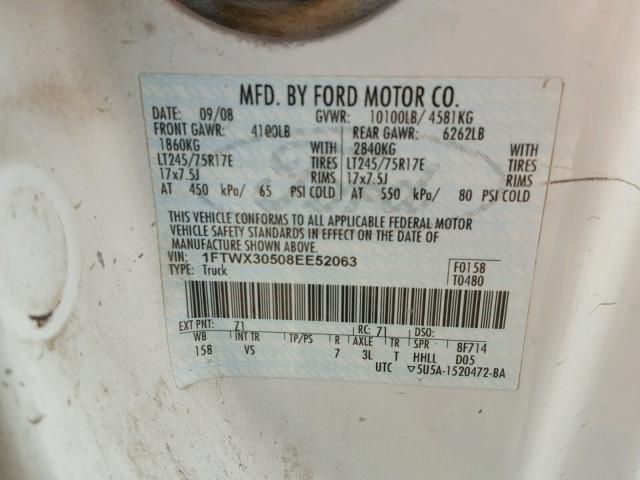 1FTWX30508EE52063 - 2008 FORD F350 SRW S WHITE photo 10