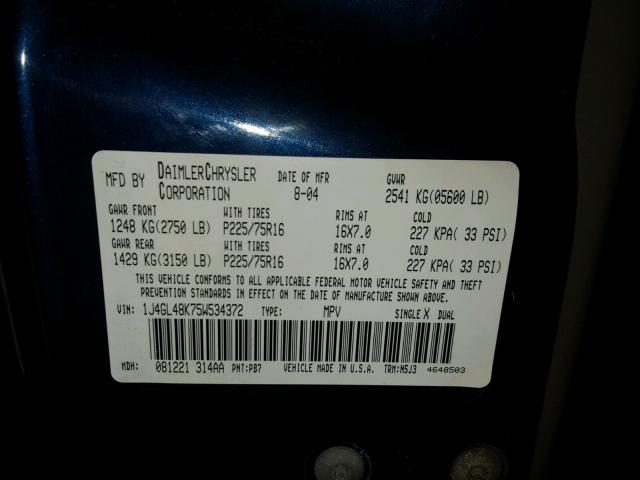 1J4GL48K75W534372 - 2005 JEEP LIBERTY SP BLUE photo 10