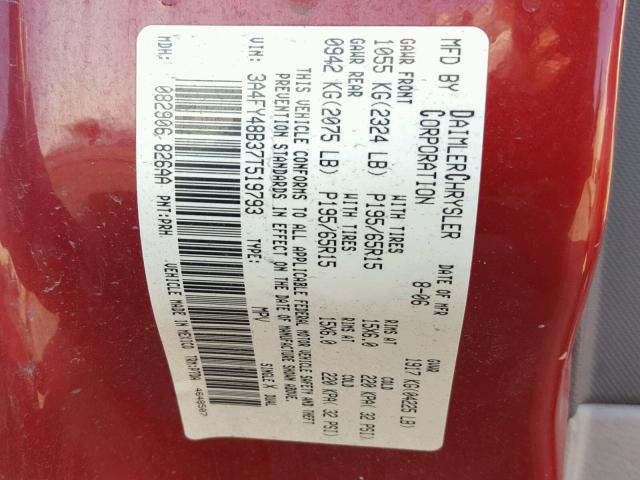 3A4FY48B37T519793 - 2007 CHRYSLER PT CRUISER BURGUNDY photo 10