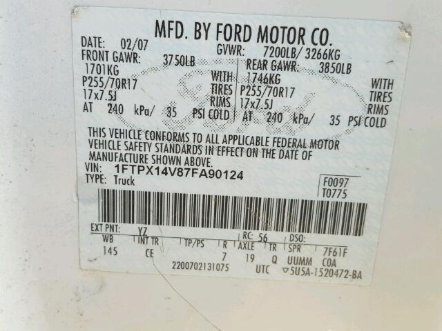 1FTPX14545NB27169 - 2005 FORD F150 WHITE photo 10