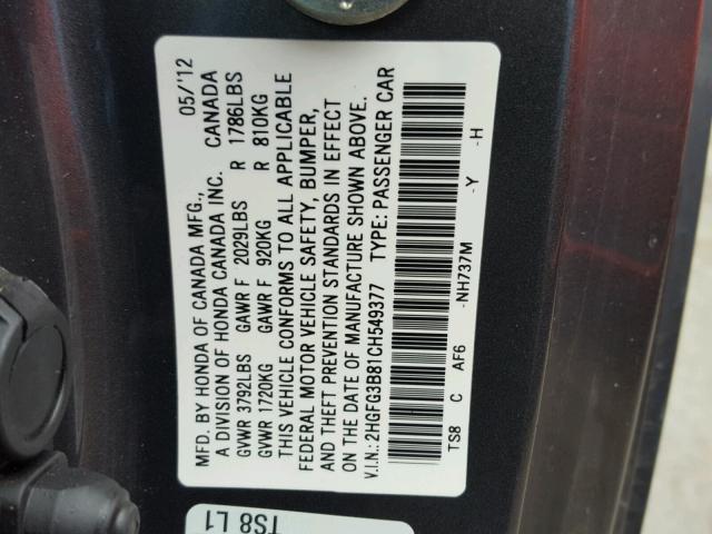 2HGFG3B81CH549377 - 2012 HONDA CIVIC EX Grafit fotoğraf 10