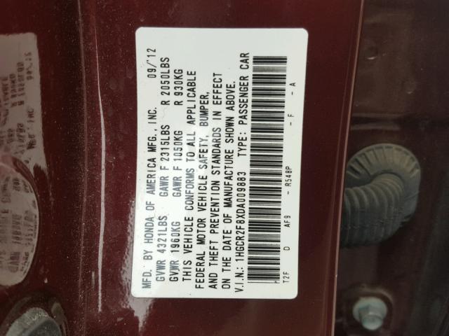 1HGCR2F8XDA009883 - 2013 HONDA ACCORD EXL BURGUNDY photo 10