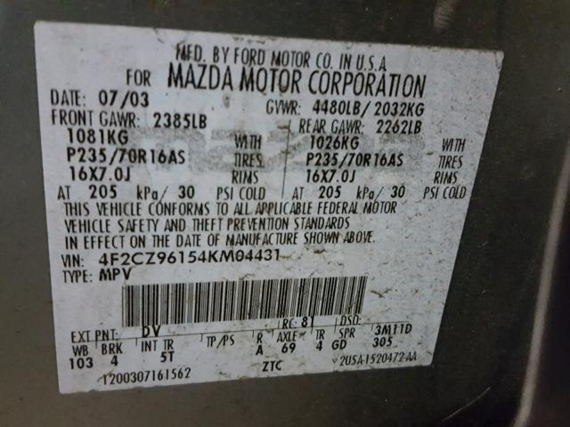 4F2CZ96154KM04431 - 2004 MAZDA TRIBUTE ES 青色 照片 10