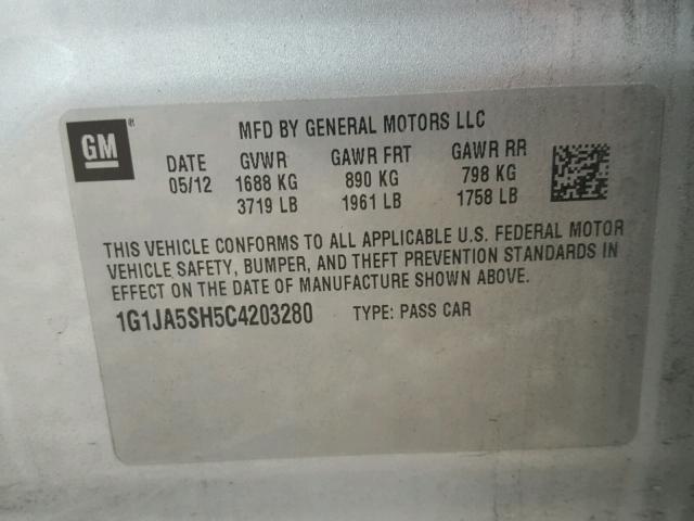 1G1JA5SH5C4203280 - 2012 CHEVROLET SONIC LS 银色 照片 10