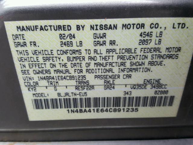 1N4BA41E64C891235 - 2004 NISSAN MAXIMA SE BEIGE photo 10