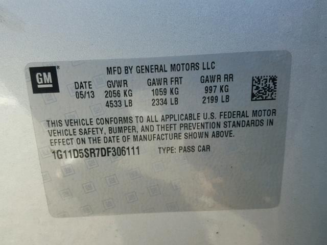 1G11D5SR7DF306111 - 2013 CHEVROLET MALIBU 1LT ვერცხლისფერი ფოტო 10