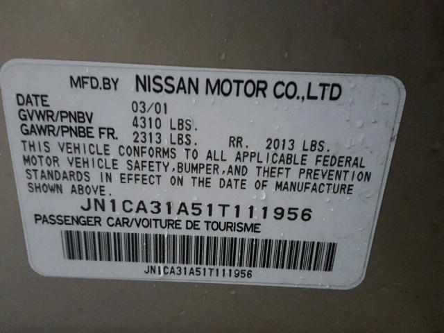 JN1CA31A51T111956 - 2001 NISSAN MAXIMA GXE GOLD photo 10