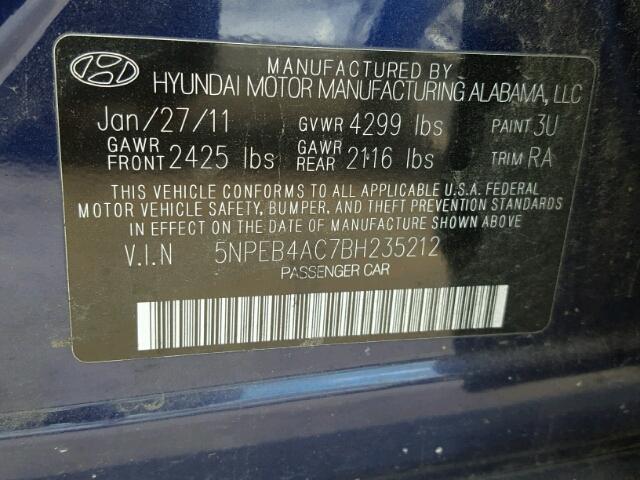 5NPEB4AC7BH235212 - 2011 HYUNDAI SONATA GLS BLUE photo 10