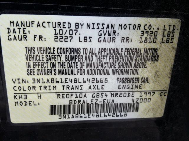 3N1AB61E48L642668 - 2008 NISSAN SENTRA 2.0 BLACK photo 10