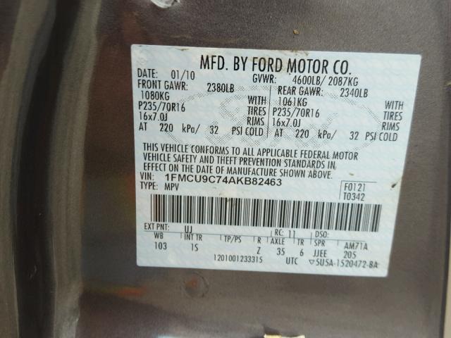 1FMCU9C74AKB82463 - 2010 FORD ESCAPE XLS GRAY photo 10