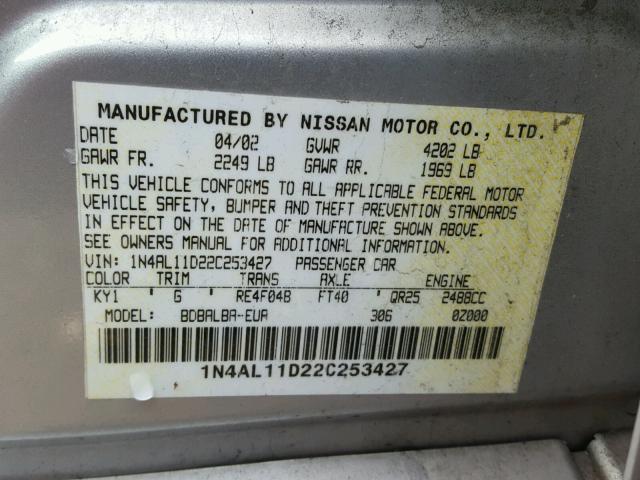 1N4AL11D22C253427 - 2002 NISSAN ALTIMA BAS SILVER photo 10