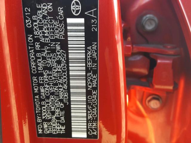 JTDBT4K30CL039527 - 2012 TOYOTA YARIS RED photo 10