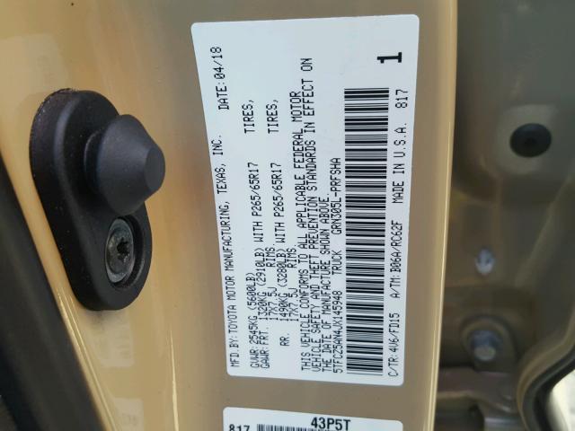 5TFCZ5AN4JX145948 - 2018 TOYOTA TACOMA DOU ბეჟი ფოტო 10