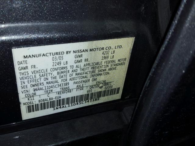 1N4AL11D45C343389 - 2005 NISSAN ALTIMA S GRAY photo 10