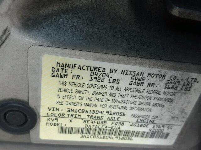 3N1CB51D04L918056 - 2004 NISSAN SENTRA 1.8 TAN photo 10