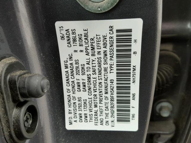 2HGFB2F89FH542149 - 2015 HONDA CIVIC EX გრაფიტი ფოტო 10