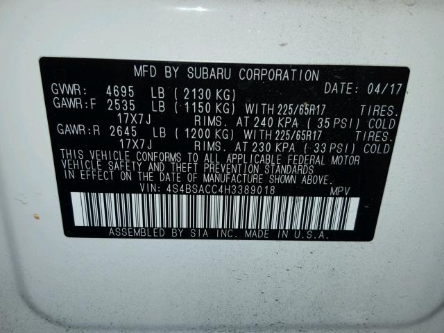 4S4BSACC4H3389018 - 2017 SUBARU OUTBACK 2. WHITE photo 10