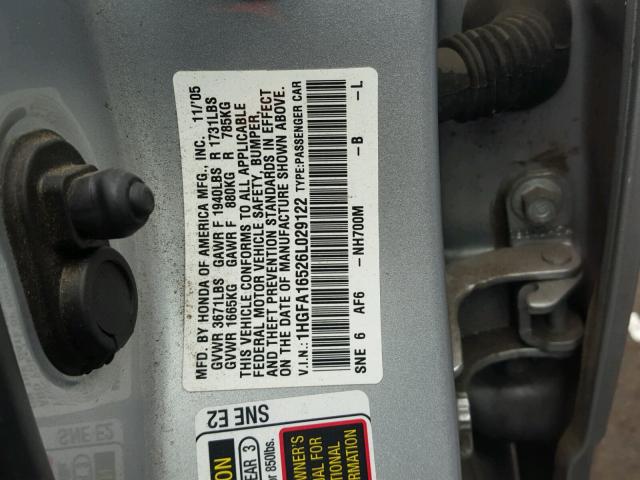 1HGFA16526L029122 - 2006 HONDA CIVIC LX SILVER photo 10