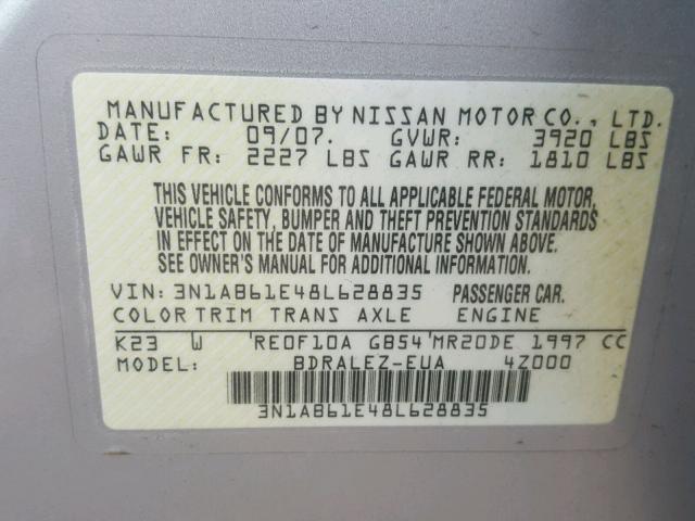 3N1AB61E48L628835 - 2008 NISSAN SENTRA 2.0 SILVER photo 10