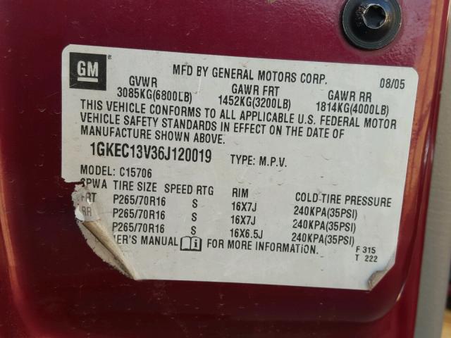 1GKEC13V36J120019 - 2006 GMC YUKON BURGUNDY photo 10