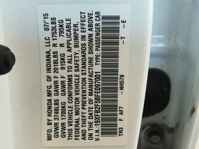 19XFB2F58FE097001 - 2015 HONDA CIVIC LX WHITE photo 10