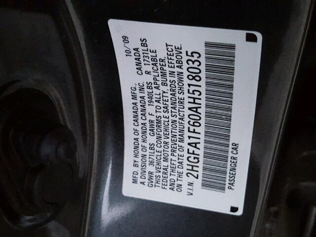 2HGFA1F60AH518035 - 2010 HONDA CIVIC GRAY photo 10