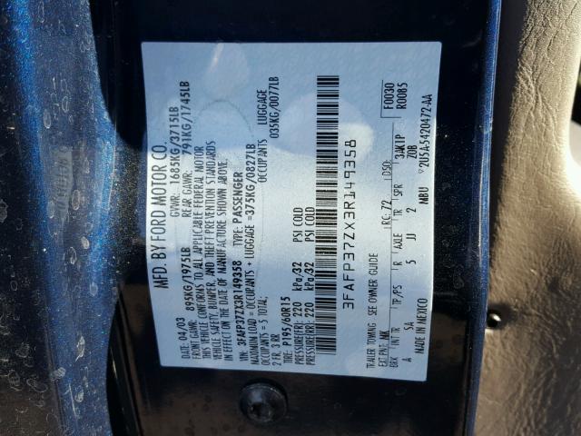 3FAFP37ZX3R149358 - 2003 FORD FOCUS ZX5 BLUE photo 10