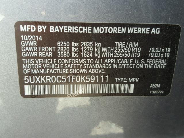 5UXKR0C51F0K59111 - 2015 BMW X5 XDRIVE3 CHARCOAL photo 10