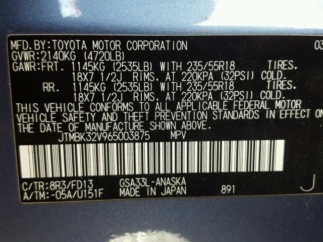 JTMBK32V965003875 - 2006 TOYOTA RAV4 SPORT BLUE photo 10