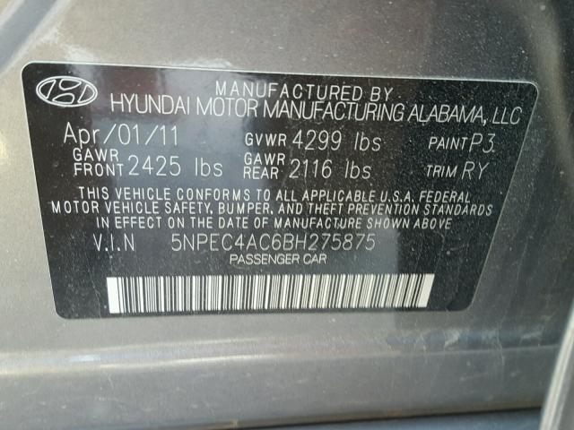 5NPEC4AC6BH275875 - 2011 HYUNDAI SONATA SE GRAY photo 10